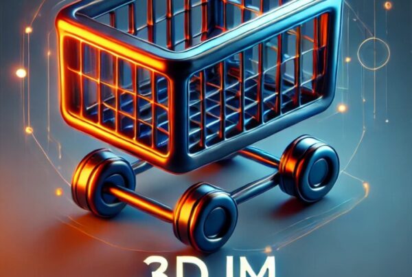Futuristischer 3D-Einkaufswagen in Blau und Orange, der Innovation und 3D-Visualisierung im eCommerce symbolisiert.