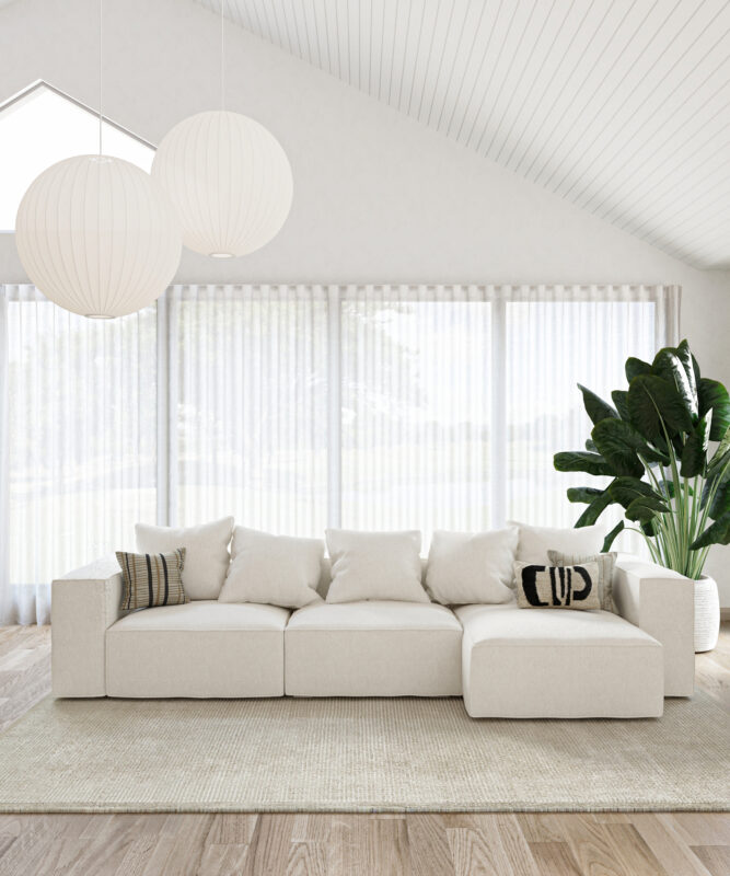 Cube Sofa - Lifestyle 2k (1) Foto eines weißen Sofas, erstellt mithilfe künstlicher Intelligenz